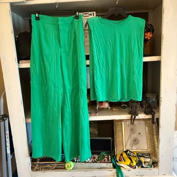 Gianni Bini 4 linen Lucie pants Xs Kelia muscle shoulder top green - Picture 4 of 8